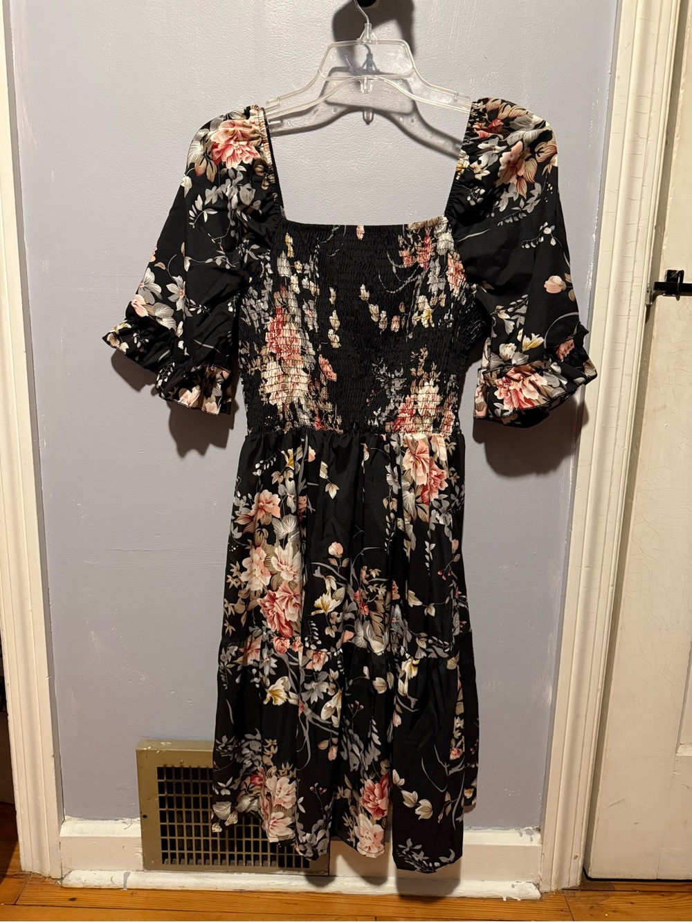 Smocked Square-Neck Black Floral Midi Dress
